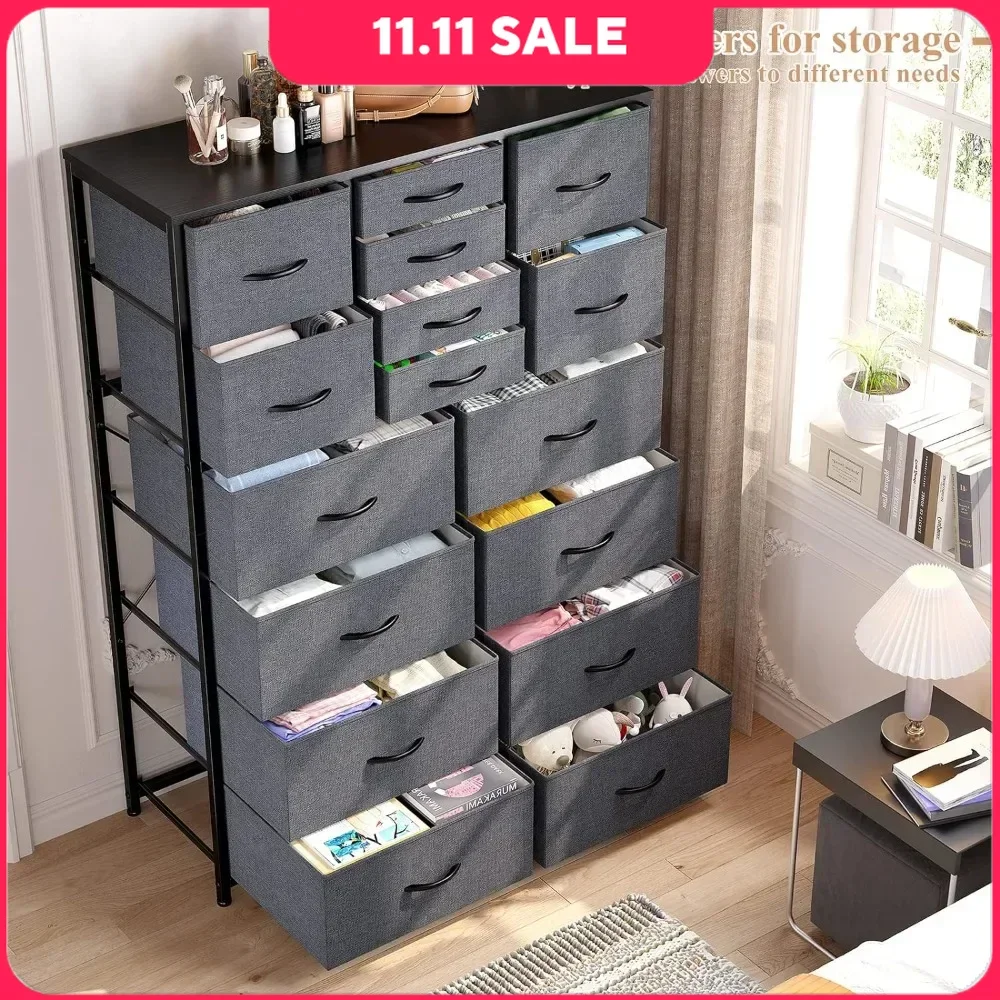 Commode en tissu, commode avec 16 tiroirs, commode de chambre à coucher, commode haute et commode