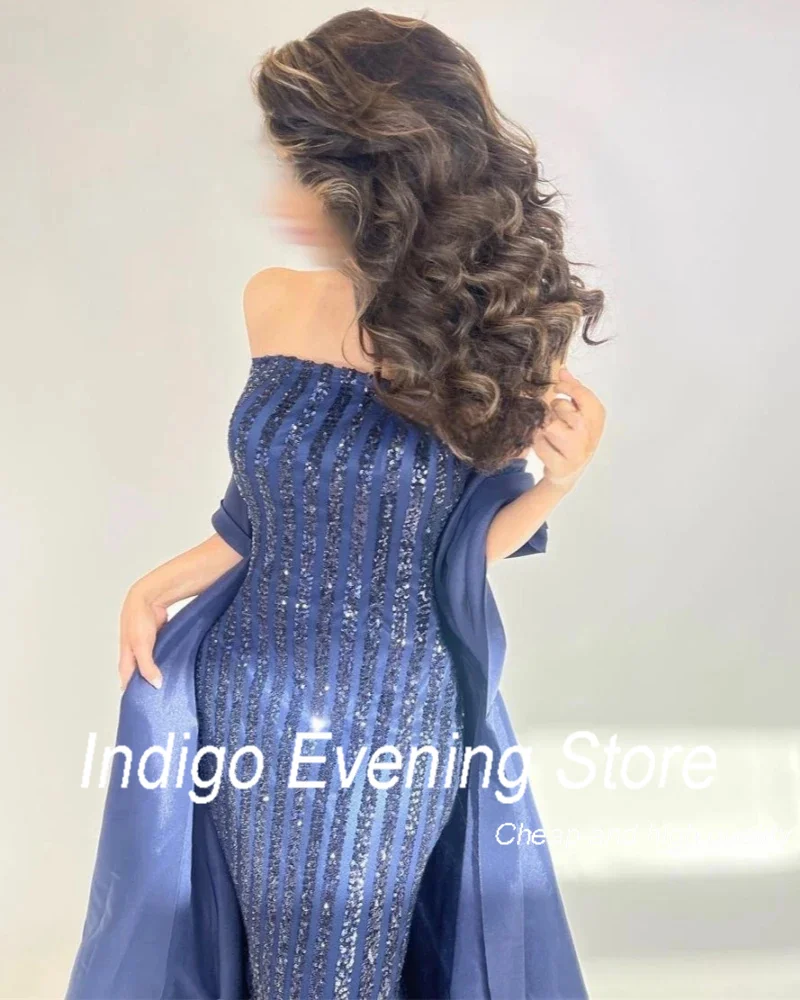 Gaun Prom Indigo Tulle gaun pesta malam Formal elegan manik-manik tanpa tali untuk wanita 2024 Robe De Princesse Femme Soiree