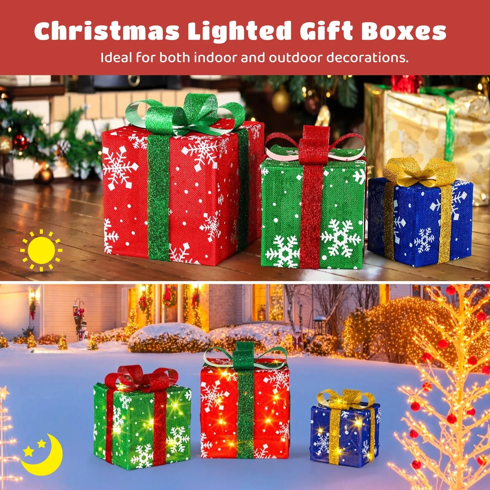 3Pcs Christmas Lighted Gift Boxes LED Light-Up Present Boxes Christmas 3-Color Xmas Gift Boxes Christmas Tree Skirt Ornaments