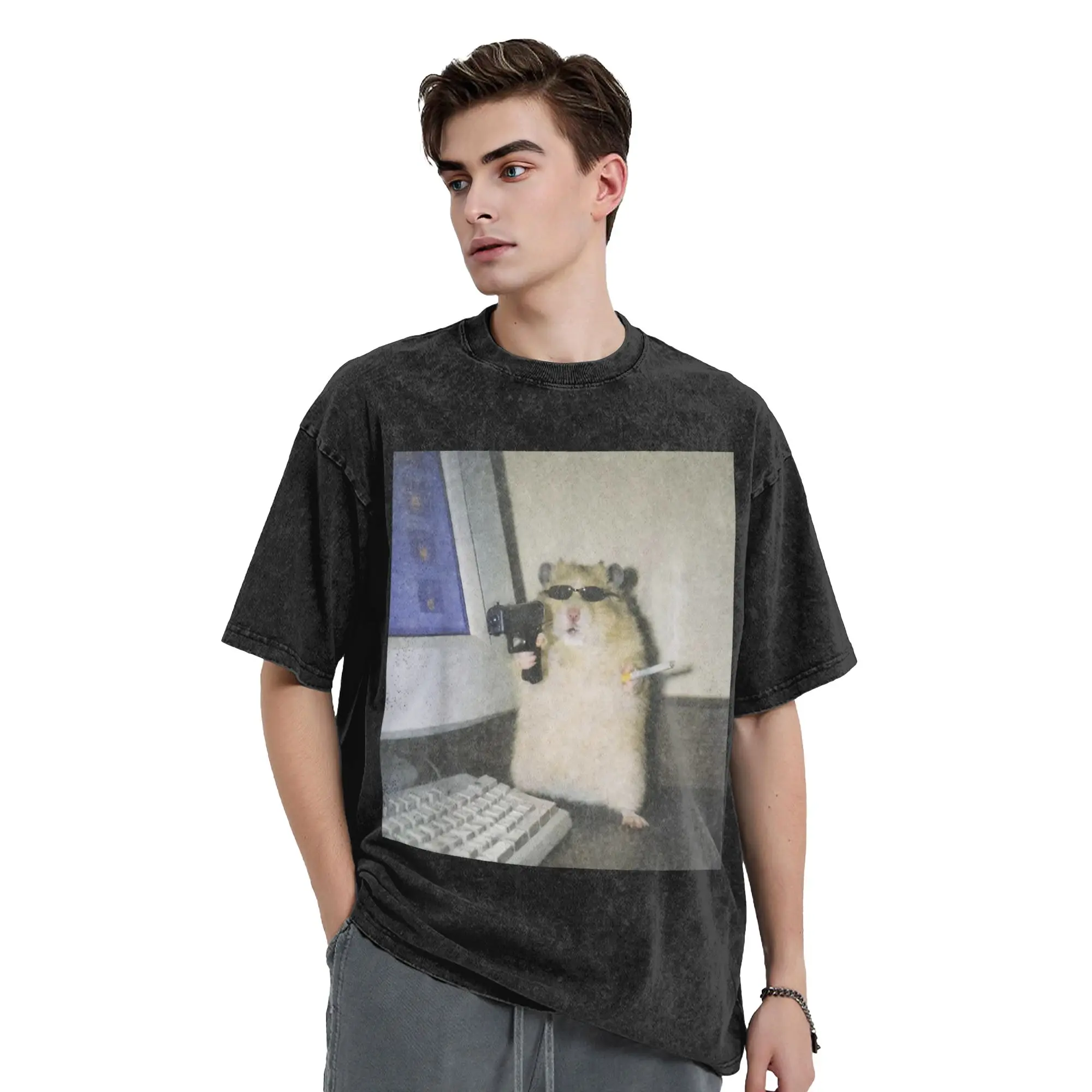 Cyber Hamster Meme Funny Animal T Shirt Hip Hop Washed Short Sleeve Harajuku T-Shirt  Vintage for Men Women Streetwear Tops Tees