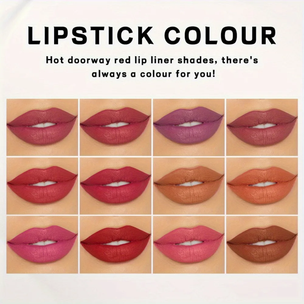 Conjunto de lápis de batom nude fosco, 12 cores, longa duração, à prova d'água, delineador labial de alta pigmentação, ferramentas de maquiagem labial