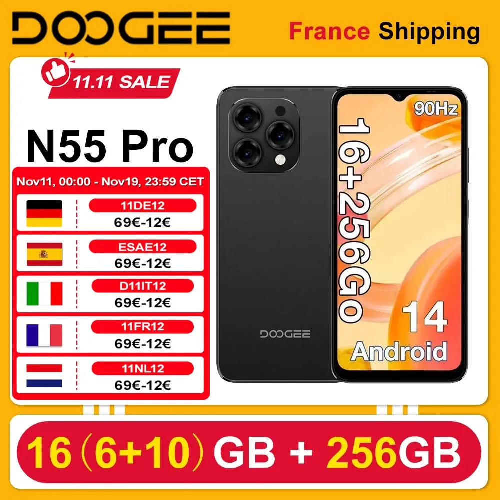 DOOGEE N55 Pro Android 14 Smartphone, 16GB(6+10) RAM 256GB ROM 5150mAh 6.56'' HD+ 90Hz 13MP Face Unlock 3.5mm Earphone Jack