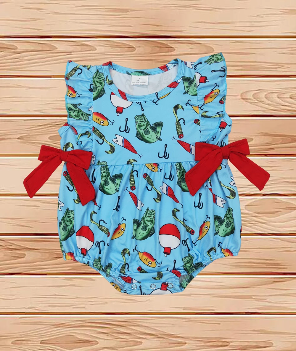 

3.27 Wholesale western boutique onesies Newborn toddler Baby Infant Girls Fishing Bows Ruffles Rompers