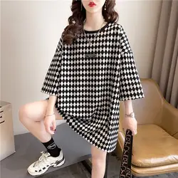 Fashion O-Neck Loose Printed Spliced Plaid T-Shirts Female Clothing 2024 Summer New Oversized Casual Tops Young Style Tee Shirt