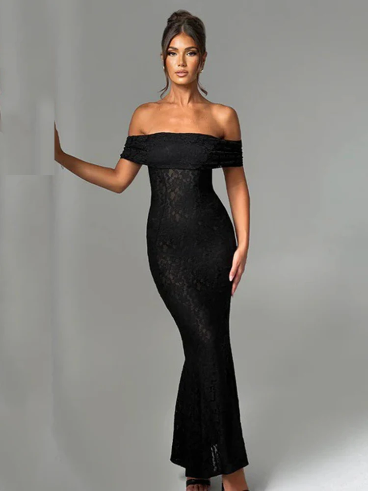 Fashion Lace Chest Hugging Dresses Spring Women Slash Neck Backless Mermaid Dress New Summer High Waist Slim Ankle Length Dress