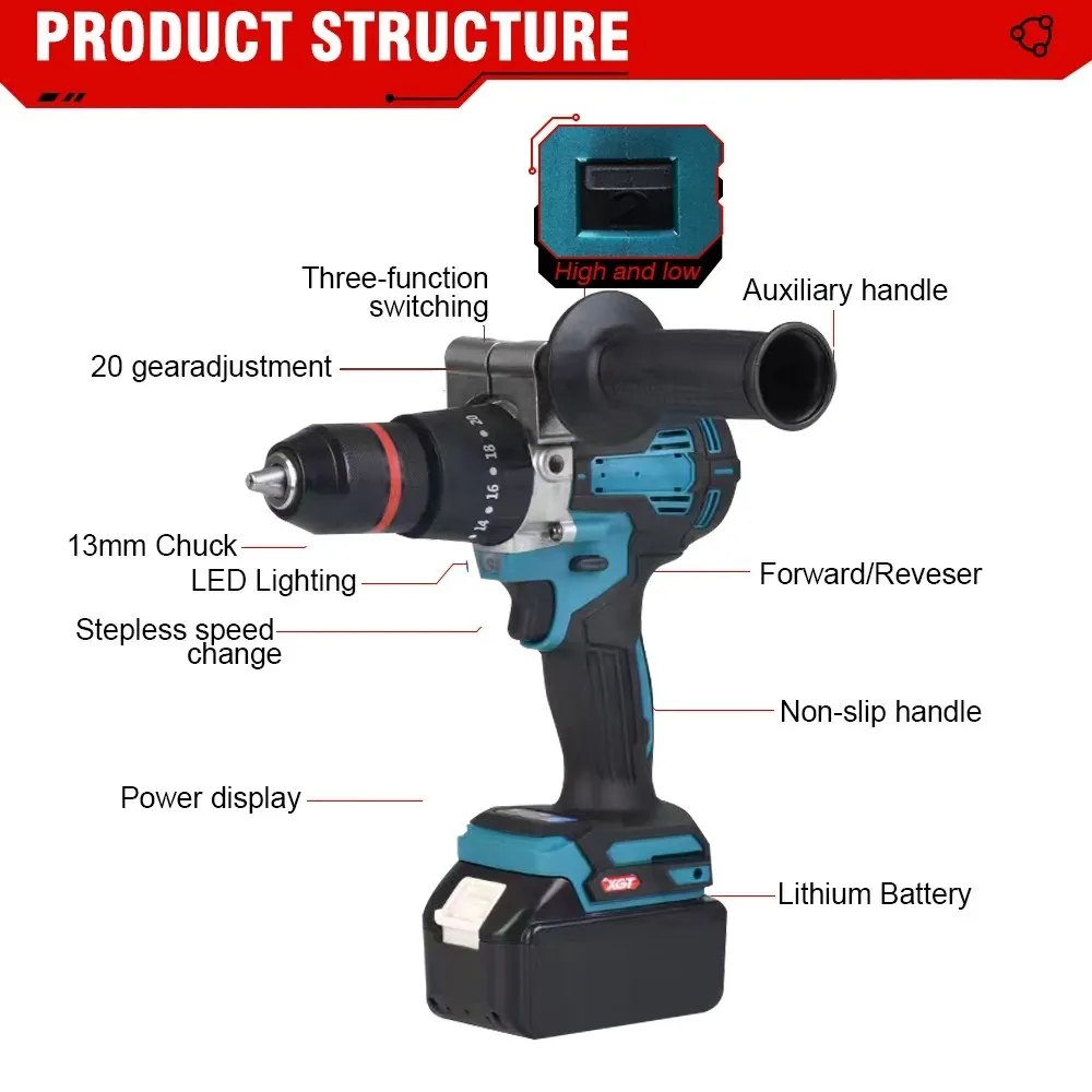 For Makita 18V 13MM LXT Compact Cordless Tool Screwdriver Impact Brushless Driver Rechargeable Brushless Electric Power Drill