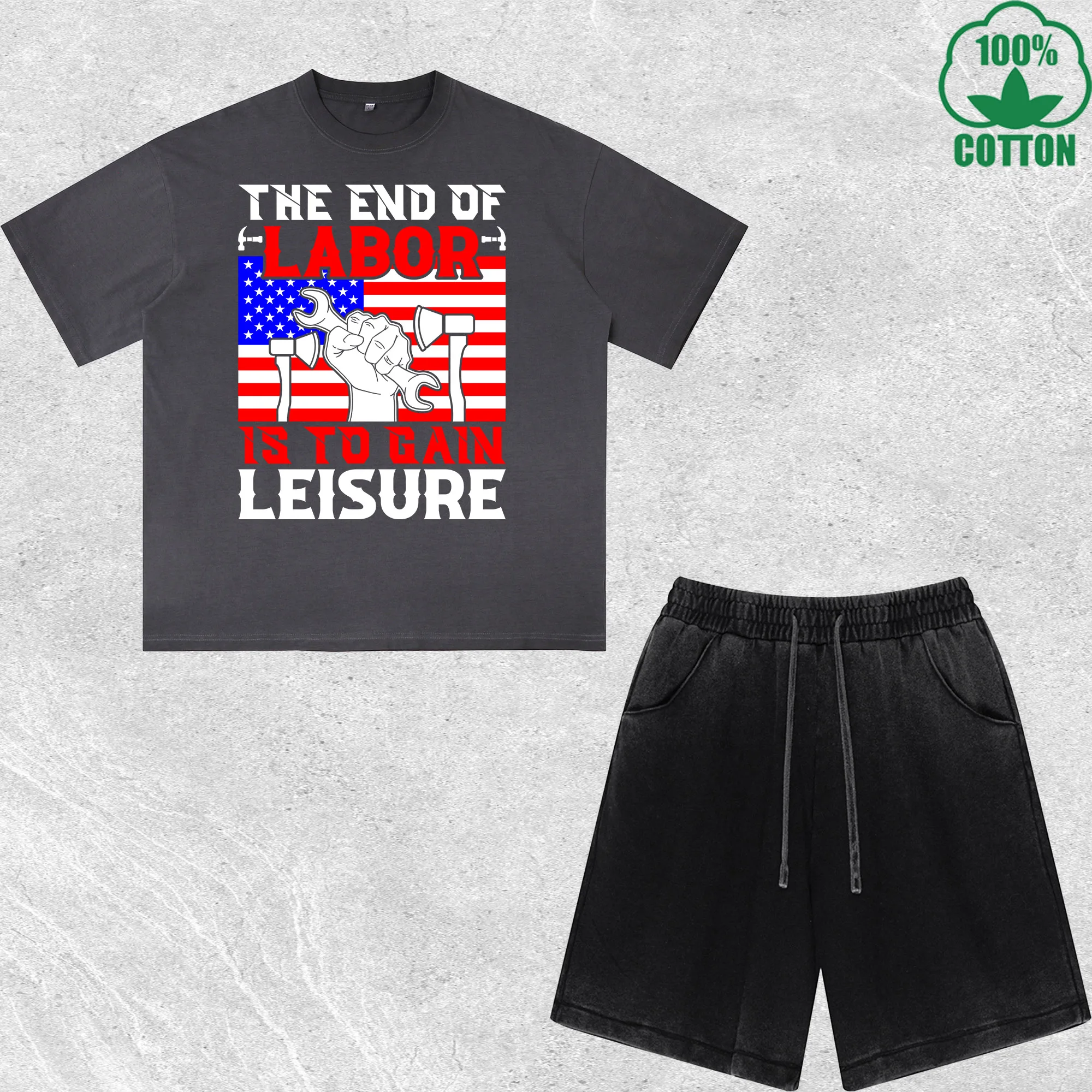 

Labor Leisure Printed Dirty Wash T-Shirt Shorts Set Multicolor Combo Loose Trendy Fashionable 100%Cotton