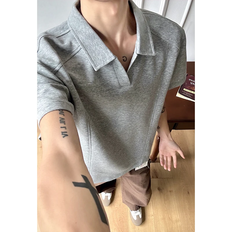 Men Oversized Drop Shoulder Polo Shirt, Summer Breathable Short Sleeve Top, Minimalist Loose Fit Curved Hem Casual Wear Clothing