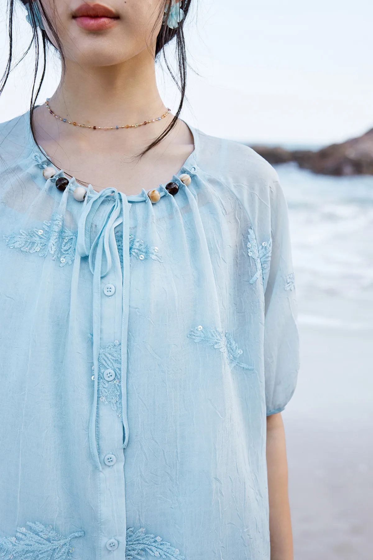 SENTUBILA Elegantes besticktes 3-teiliges Damen-Set, bestehend aus einem Oberteil mit Perlenbesatz und Rundhalsausschnitt, einem einfarbigen Camisole und einem A-Linien-Rock, lockeres Outfit 162ZK4843 – Detail 8