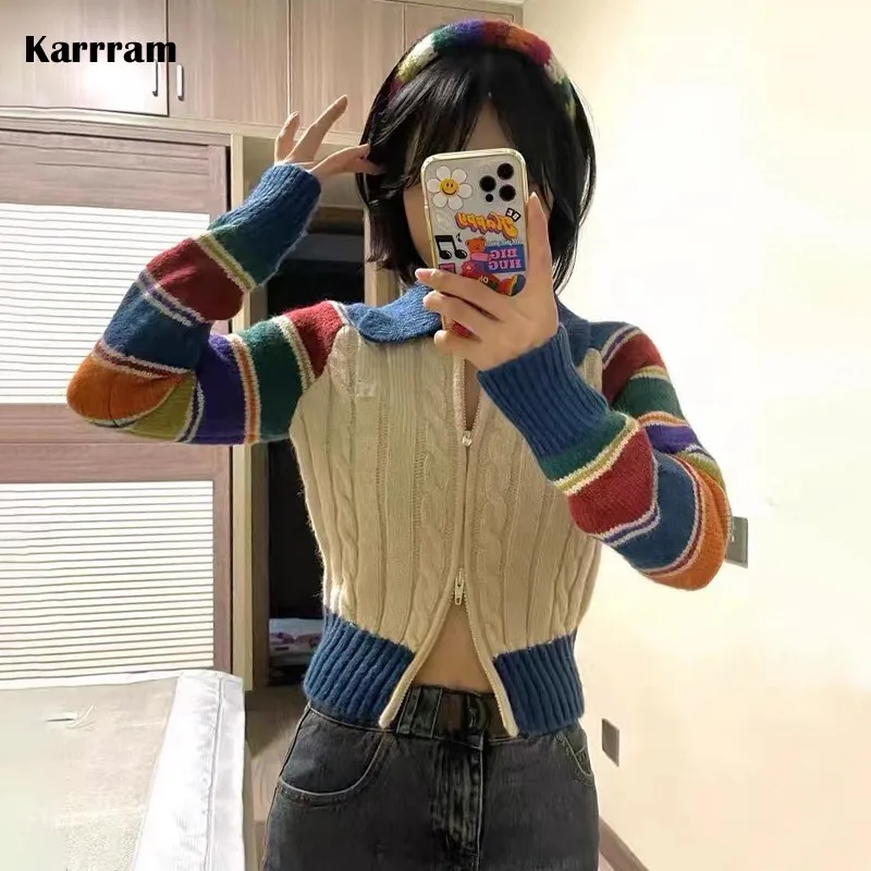 Karrram Japanese Patchwork Cardigan Vintage Rainbow Knitted Coat 90s Harajuku Embroidery Knitwear Korean Fashion Sweater Sweet