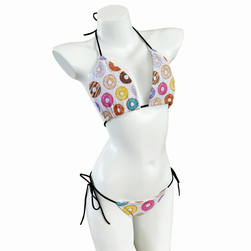 New donut cartoon fruit pattern swimsuit ladies fashion 3D printing bikini set summer beach vacation novelty lace-up bikini