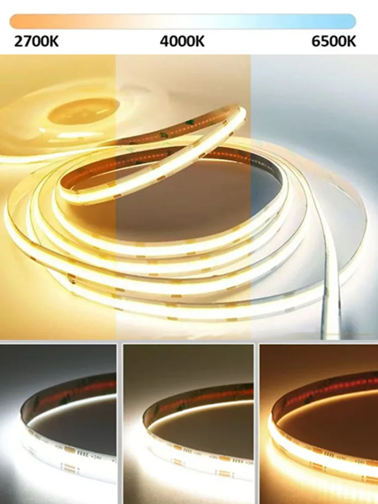 Bande lumineuse LED CCT COB, 5m, 10m, DC12V 24V CCT, 608 diodes/M, variable, 2700K - 6500K, variable, CCT FCOB, lampe, décoration de salle