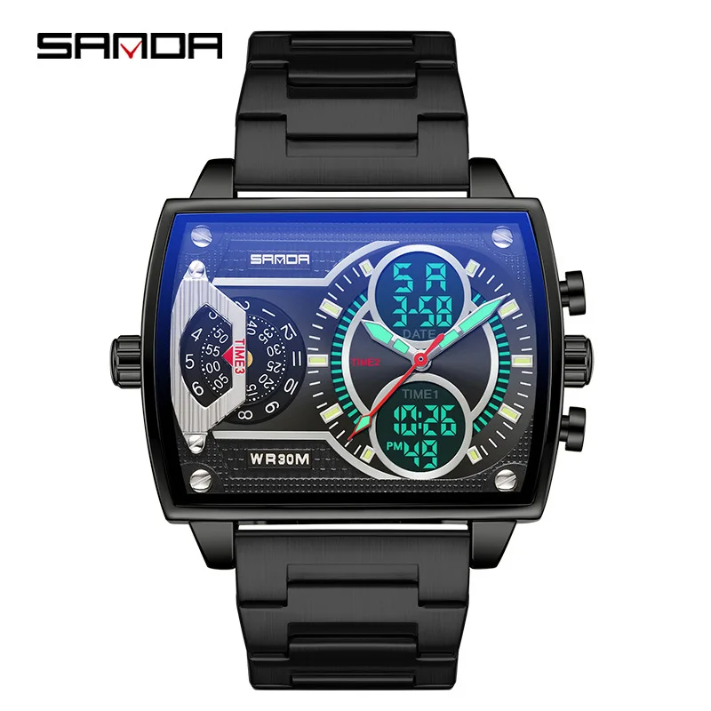 Sanda 6032 New Square Watch Fashionable Sports Multi functional Student Electronic Watch Skull Men\'s Waterproof Watch