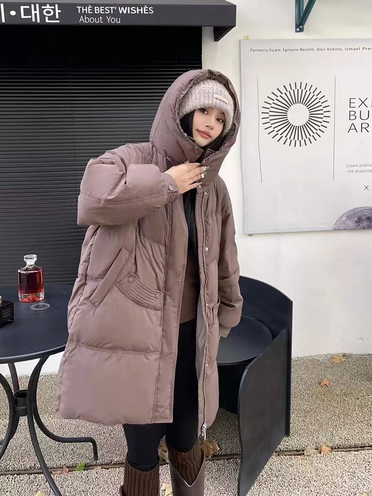 الشتاء فضفاضة منتصف طول مقنعين أسفل سترة الإناث رشاقته الدافئة جيب جاكيتات النساء الأبيض بطة أسفل الصلبة سستة باركر أبلى