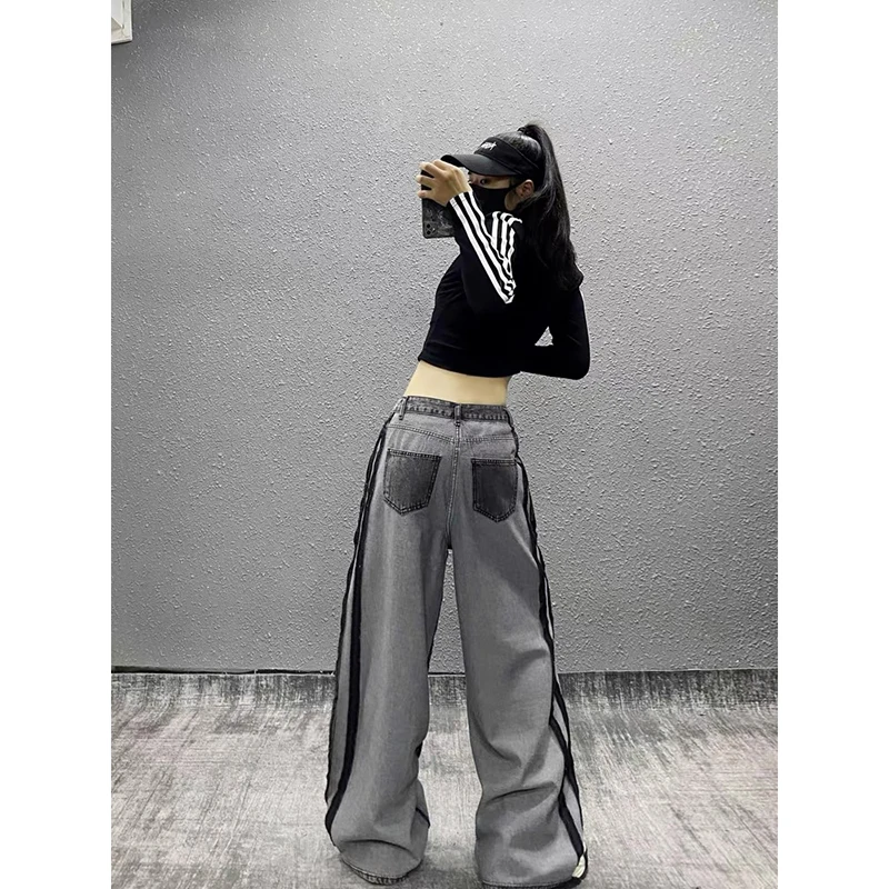 ZHIZOU, pantalones vaqueros holgados a rayas grises para mujer Y2K American Harajuku High Street 90s, pantalones vaqueros de pierna ancha holgados Retro estéticos, ropa