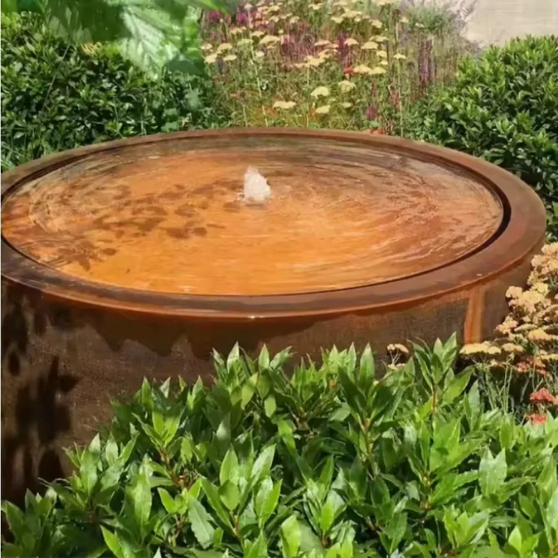 #EXW Stainless Steel Round Water Table Rust Finish Design With Recirculating Pump System For Outdoor Garden Patio Decor