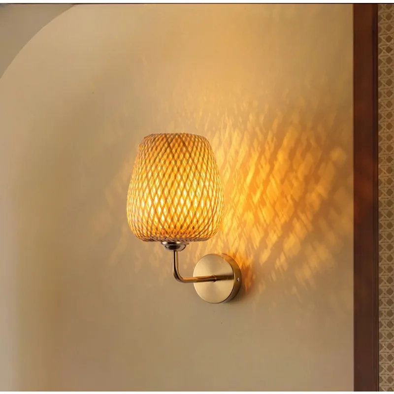 

New Chinese Style Wall Lamp Bamboo Woven Sconce Zen Retro Lighting for Bedroom & Corridor, Homestay Hotel Restaurant Aisle