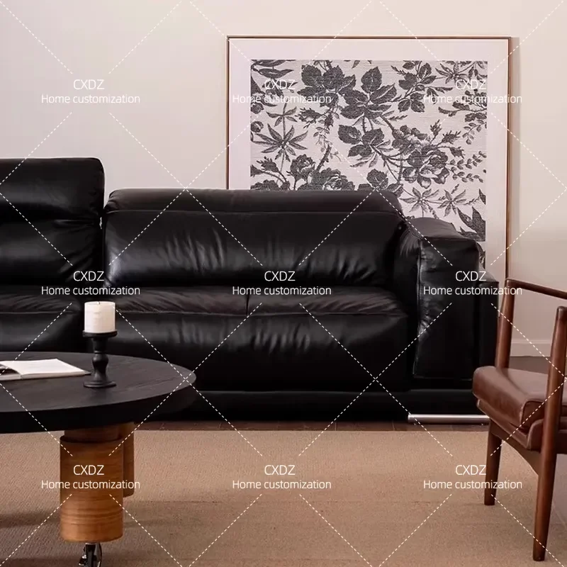 Custom Medieval Style Black Cowhide Leather Sofa Modern Living Room Small Apartment 3 Seater Straight Retro Oil Wax Leather