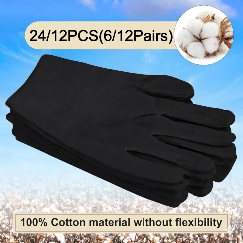 24PCS Black Cotton Gloves for Dry Hands Stretchable Cloth Work Glove Liners for Moisturizing Eczema Art Coin Handing Jewelry
