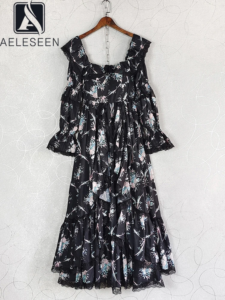 AELESEEN Summer Runway Designer Elegant Party Dress Women Black Square Collar Cascading Ruffle Flower Print Flare Sleeve Splice