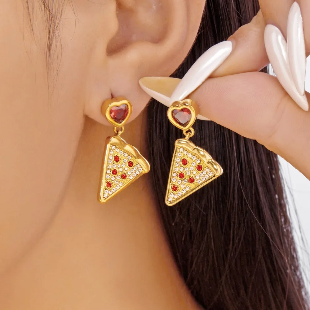 

Cute Pizza Slice Drop Earrings, Gold Plated Red Heart Crystal Dangle Earrings Funny Food Design Statement Jewelry for Women