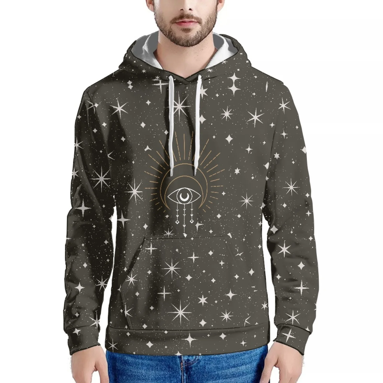 Eye Moon Mysterious Design Print Luxury Hawaiian Polynesian Style Sweatshirt Long Sleeve Hoodie Slim Men's Hoodie Fall/Winter