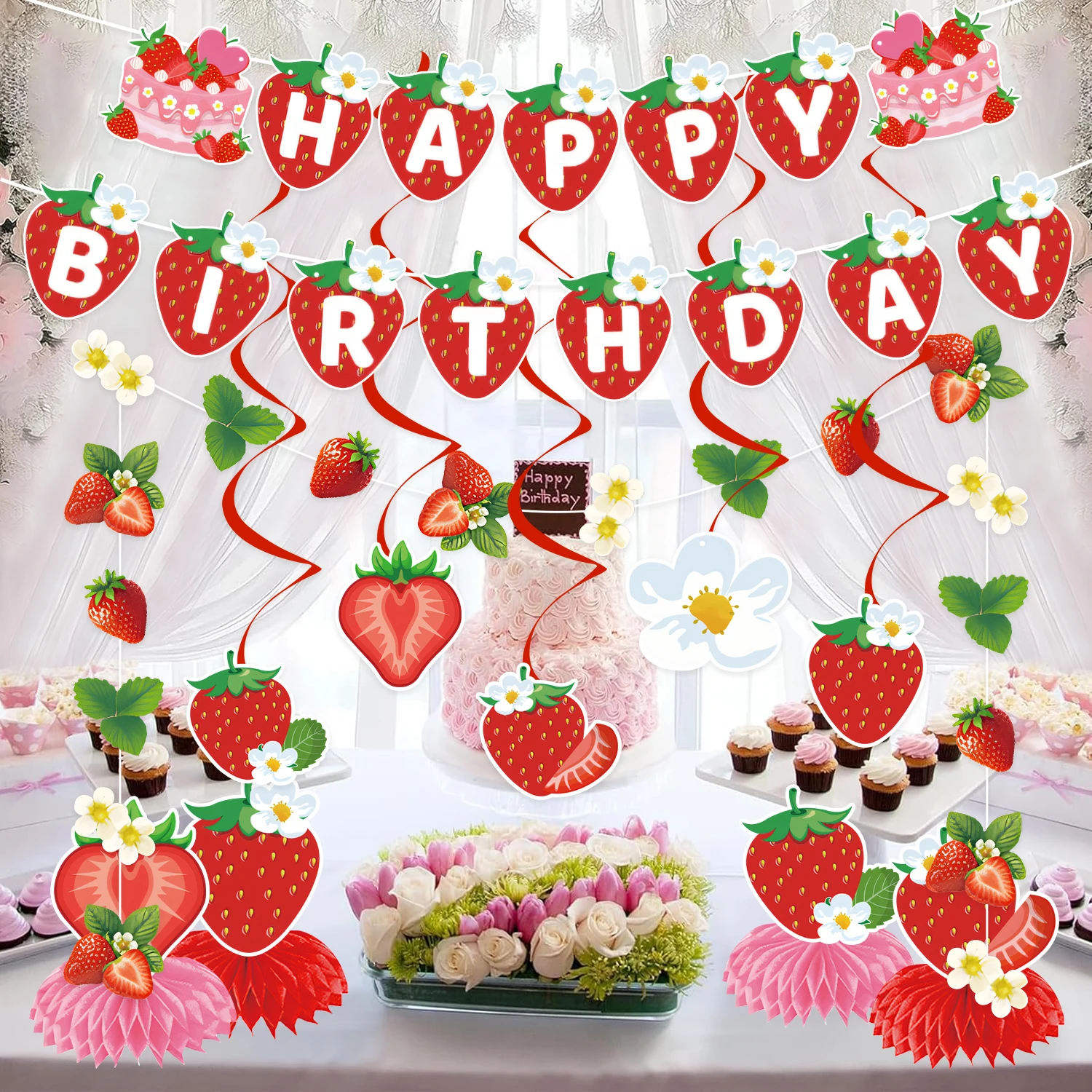 Erdbeer-Themen-Geburtstagsbanner für Kinder Süße Frucht-Blumen-Waben-Ornamente Babyparty Mädchen Feier Partydekoration – Detail 3