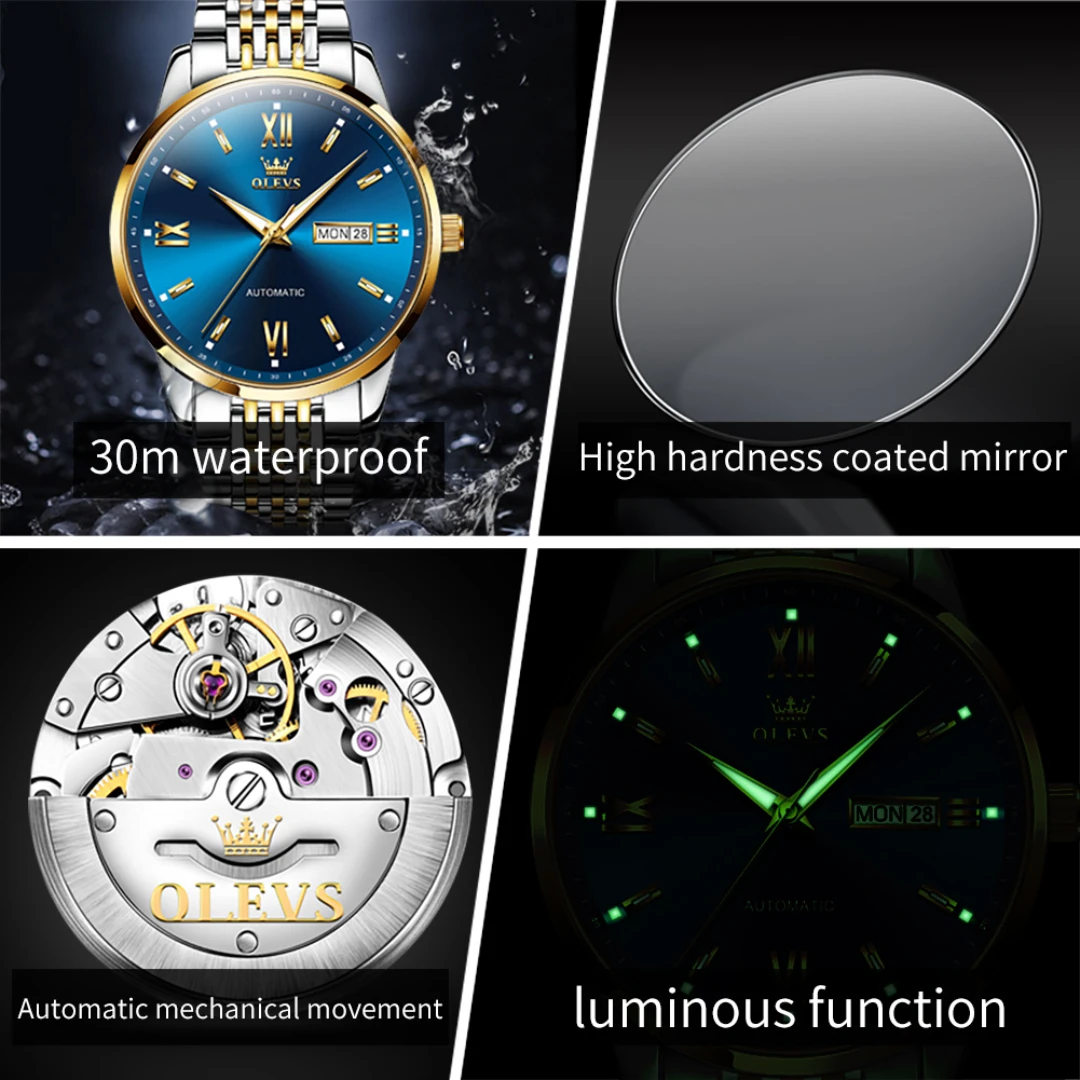 OLEVS 6777 modny zegarek mechaniczny prezent okrągła tarcza zegarek ze stali nierdzewnej zegarek na rękę wyświetlacz tygodniowy kalendarz