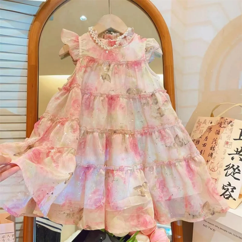 

New Girls Dress Summer Princess Dress2024New Floral Skirt Flounced Sleeve Children Suspender Skirt