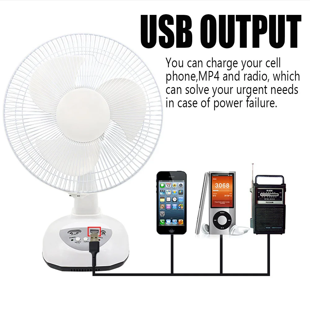 Electric Solar Fan Table Ventilator USB Rechargeable Charging 12Inch 2-Speed Desk Cooling Fan with 2 Lamps for Camping Home