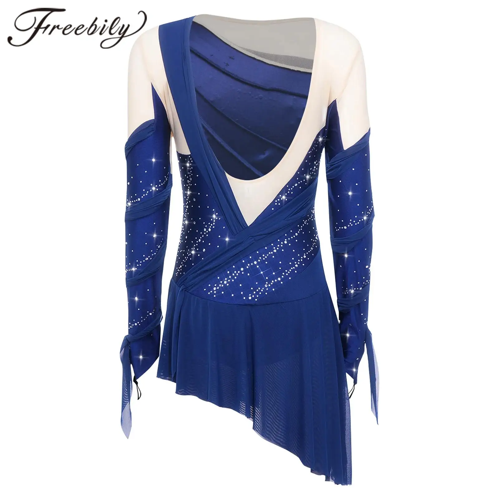 Women Rhinestone Lyrical Dance Ice Skating Clothes Adults Mesh Splice Ballet Gymnastics Leotard Girls Figure Skating Dress