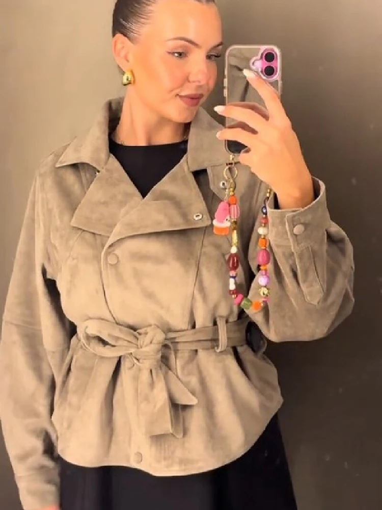 Fashion Faux Suede Trench Jacket Lady Lapel Collar Snap Buttons Waist Belt Long Sleeve Short Coat Street Outerwear Spring Autumn