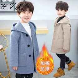 Thicken Boys Woolen Jackets Winter Warm Children Outerwear Kids Hooded Long Wool Overcoat 2024 New Teenager Cotton Clothes 5-12Y