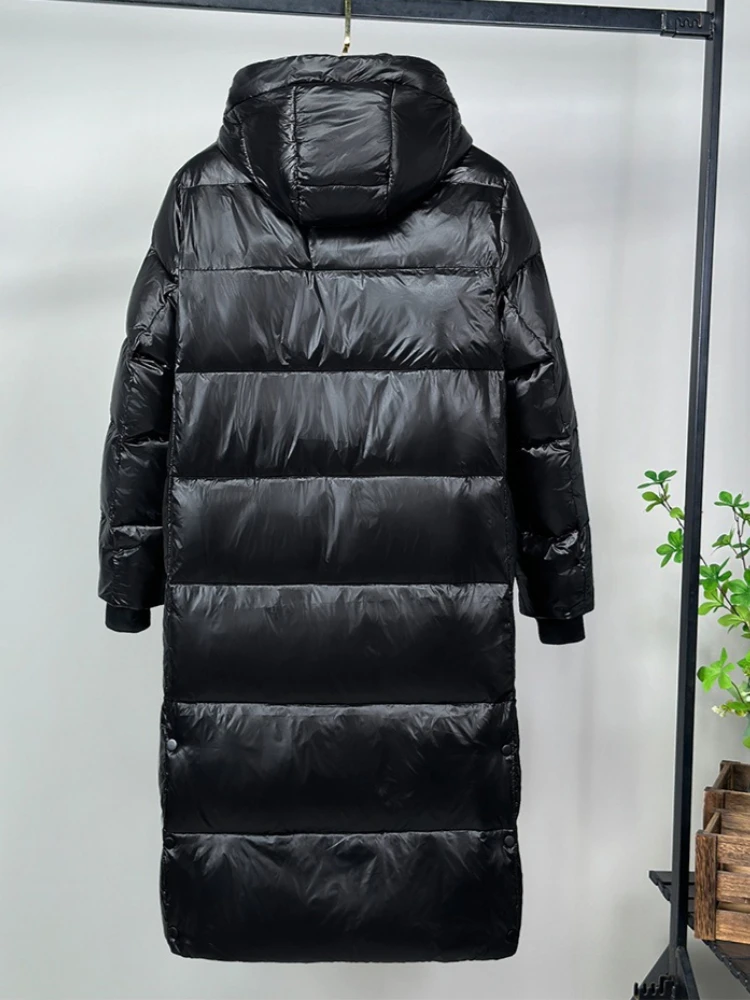 Winter Black Hooded Down Jacket Women's Mid-Length White Duck Down Coat Warm Thick Windproof Trench Coat Long Sleeve Snow Jacket view 5