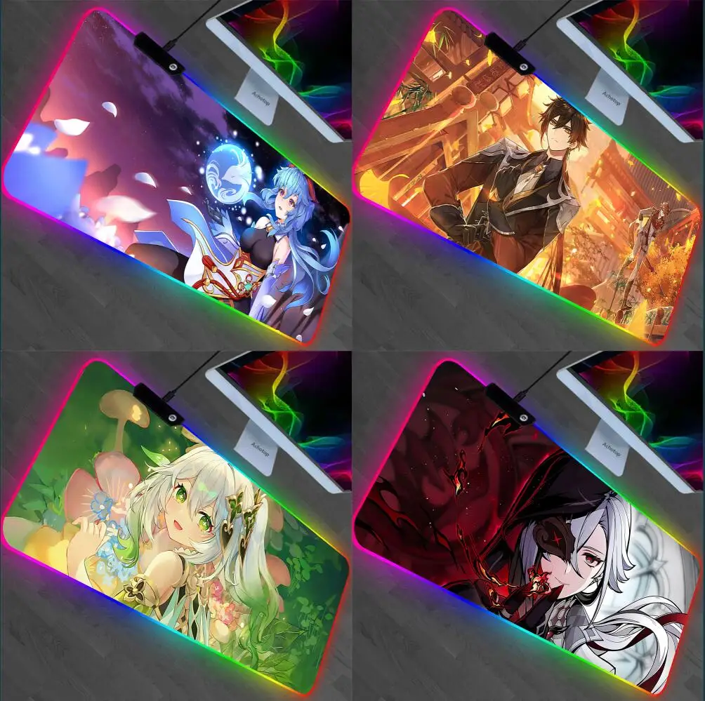 Genshin impact Klee Kamisato Ayaka RGB Pc Gamer Mouse Pad Mousepad LED Glowing Mouse Mats Rubber Gaming Computer Mausepad