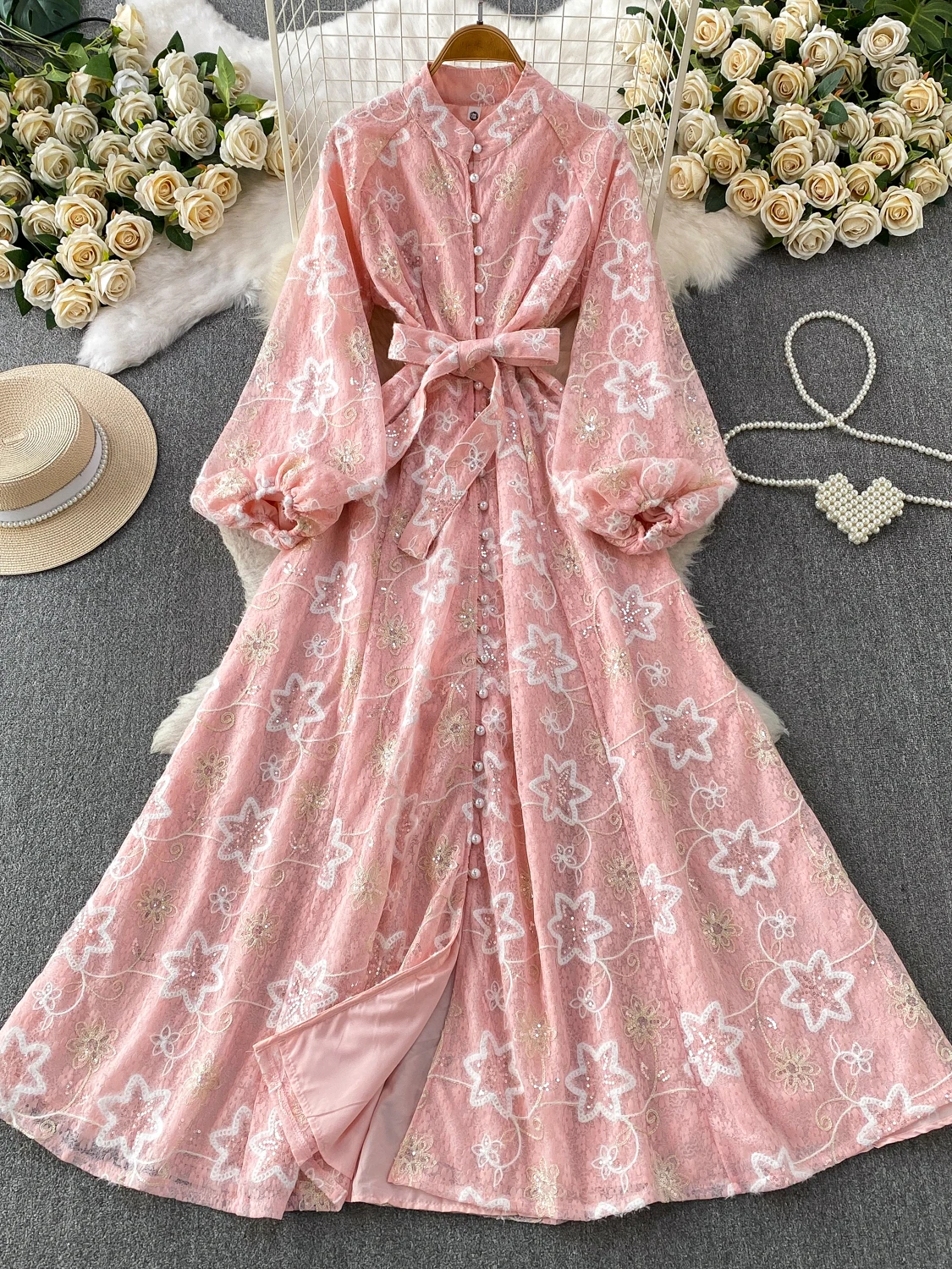 

Elegant Long Dress Women's Lantern Sleeve Waist Cinched Sequin Embroidery Stand Collar Dress Retro Heavy Lace Vintage Style