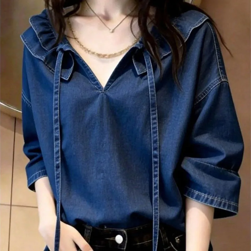 

Fashion Plus Size Denim Shirt Spring Summer Autumn Seven Quarter Sleeved Top Women Loose Slim Denim Shirt Blouse 2026 New