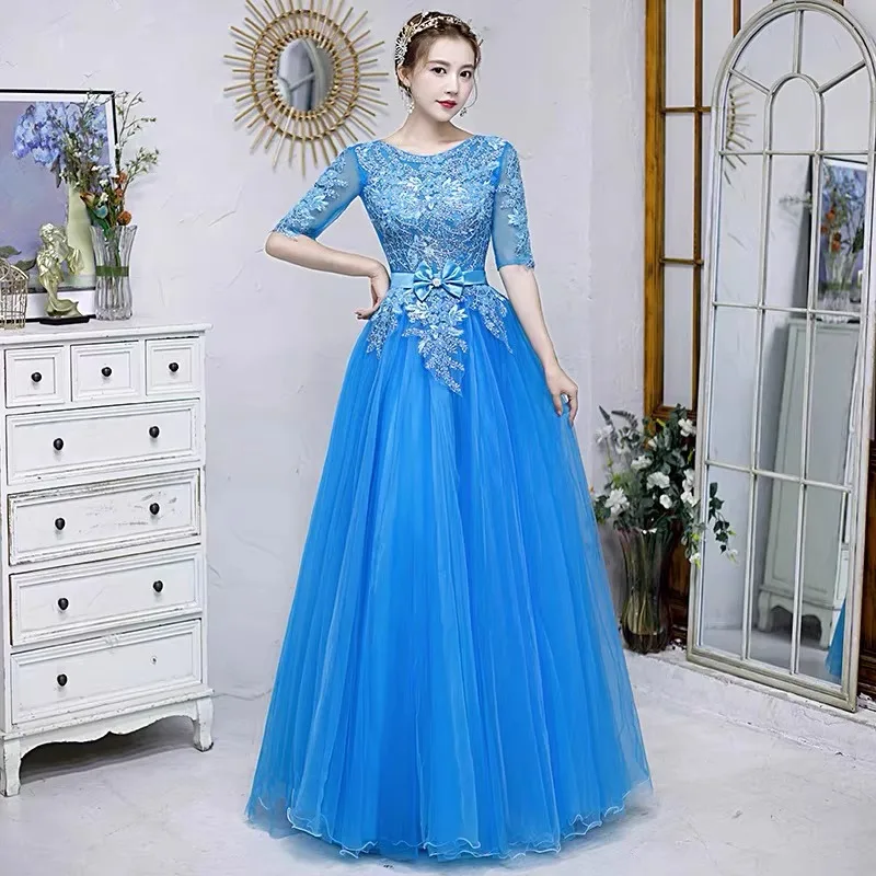 Blue Half Long Sleeves Quinceanera Dresses Ball Gowns Lace Evening Dress Party Luxury Tulle Birthday Pageant Princess Dress