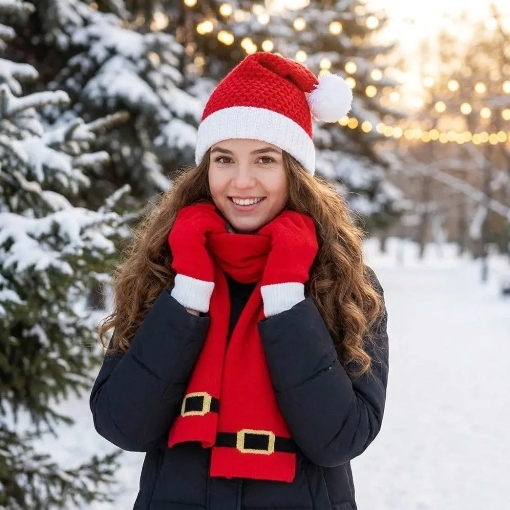 Thermal Yarn Christmas Hat Scarf Striped Pattern Gloves Knitted Holiday Scarf Elastic Fit Acrylic Fibers Xmas Beanie