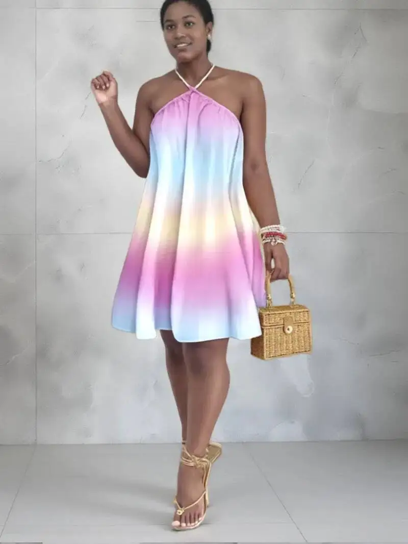 Print Halter Neck Dress, Vacation Style Backless Dress For Spring & Summer, Women's Clothing casual women mini dress FX8H