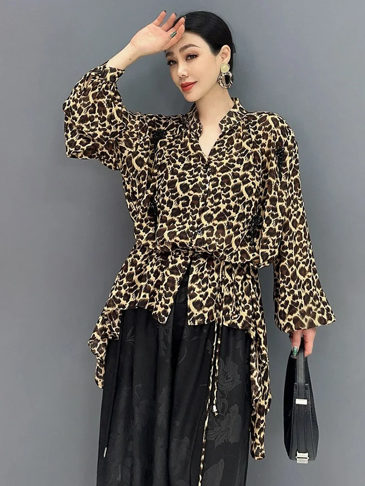 SHENGPALAE 2024 Summer New Fashion Versatile Long Sleeve Leopard Print Blouse Elegant Loose Casual Chic Women\'s Shirt 5C1307