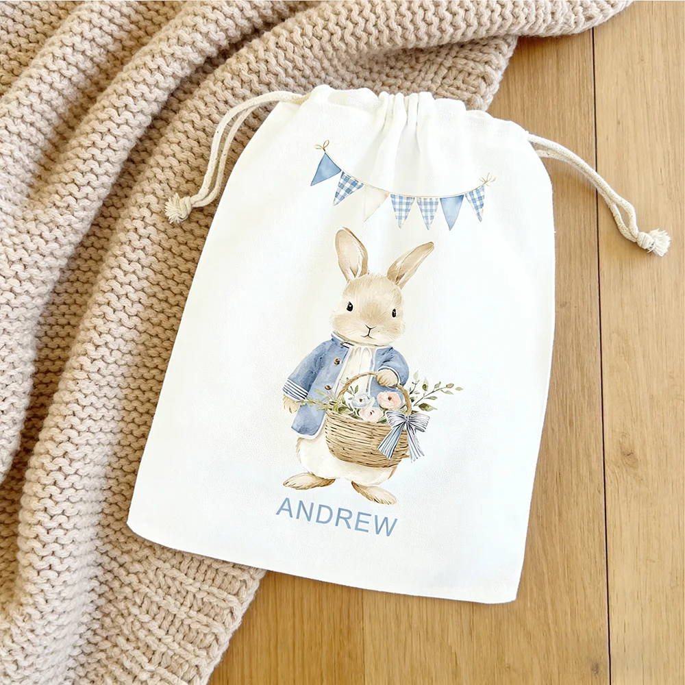 Maßgefertigte 4-teilige Oster-Geschenkbeutel mit Kordelzug für Kinder, Hasen-Party-Geschenktaschen, Oster-Suche-Spiel-Beutel, Geburtstagszubehör – Detail 3