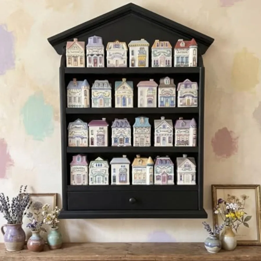 

Spice Jar Wooden Rack with 4 Shelves and Drawer Hanging Spice Rack Wall Mounting Kitchen Storage Village Style Display Shelf fo