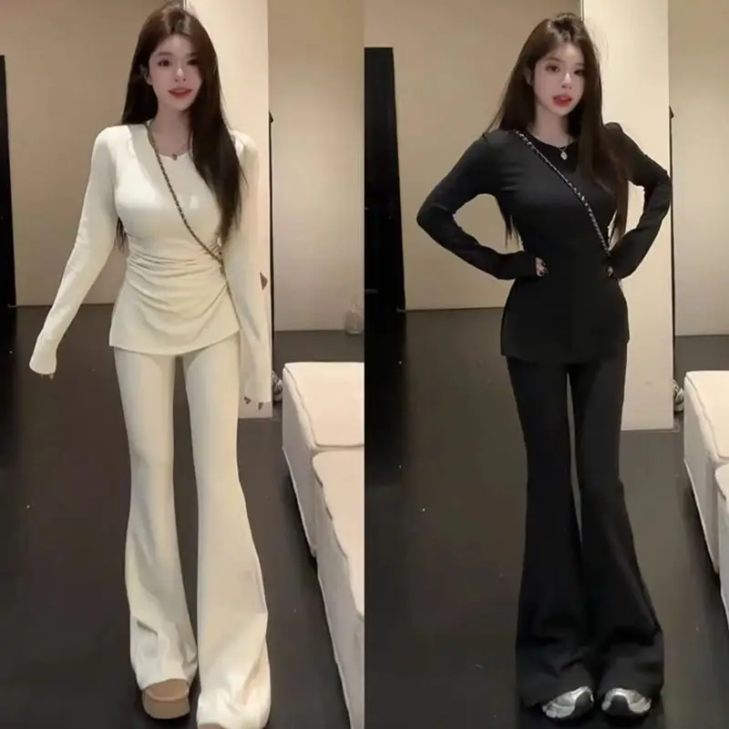 

Autumn Winter Casual Slim Fit Long Sleeve T-Shirt High Waist Wide Leg Pants Women's Fashion Two Piece Set High Waist T-Shirt