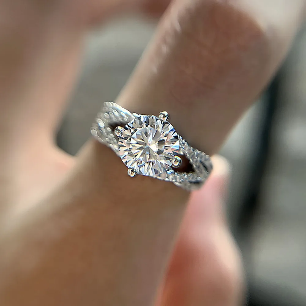 Round Brilliant Cut CZ Solitaire Engagement Ring Twist Split Shank Micro Pave Zircon Band for Women Bride Wedding Jewelry Gifts