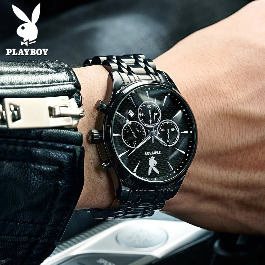 PLAYBOY Original Quartz Watch for Men Chronograph Business Men\'s Watches Waterproof Stainless Steel Luxury Brand Man Wristwatch