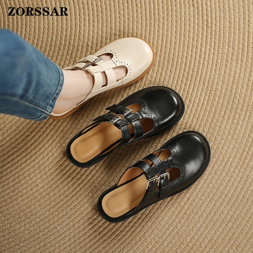 Sandalias Mule Vintage Transpirables para Mujer, Punta Cuadrada, Doble Hebilla, Planas, Casuales, de Cuero, para Primavera, Verano y Aire Libre