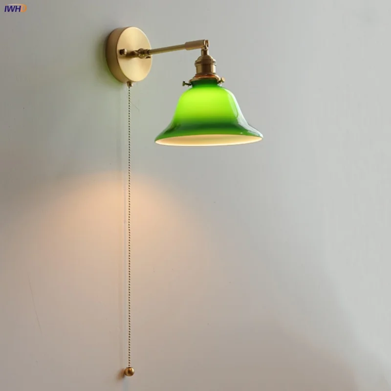 IWHD Green Loft LED Wall Light Fixture Bedroom Bedside Lamp Up Down Rotate Glass Home Decor Vintage Pull Chain Switch Wandlamp