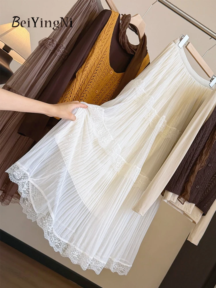 Beiyingni Winter Fashion A-line Skirts Women Lace Patchwork Korean Fleece Elegant Mesh Skirt Ladies Plain Fairy Khaki Faldas