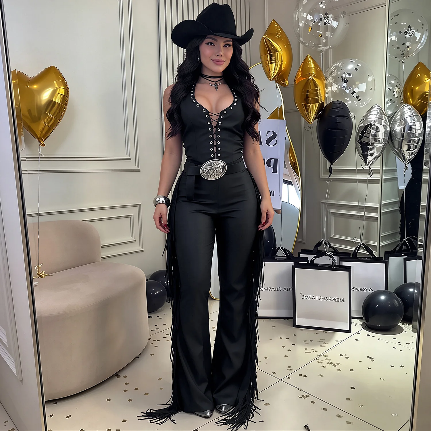 C78312026 New Women's Erotogenic Western-style Halter-neck [unk]fringed[unk] Wide-leg Pants, Slim-fit Party Jumpsuit Midi Party